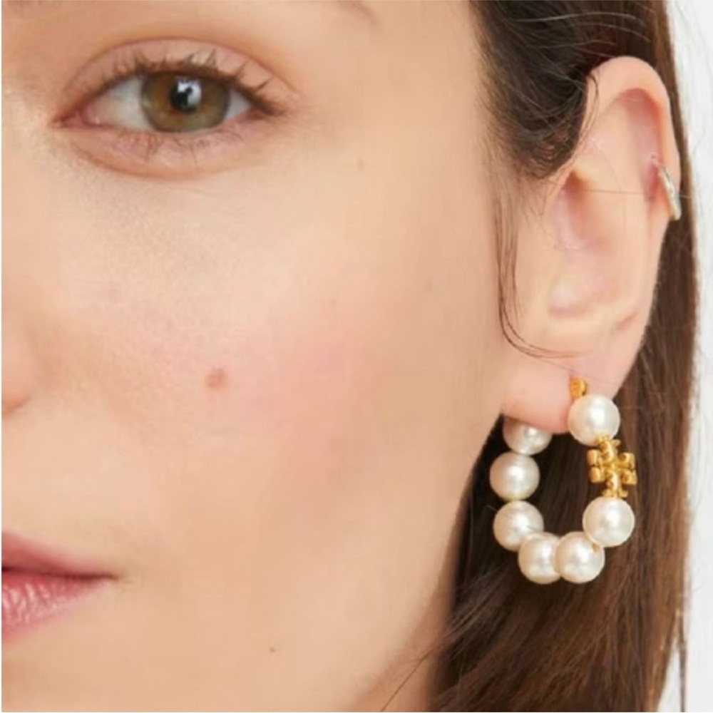 Tory Burch Gold and Pearl Statement Hoops